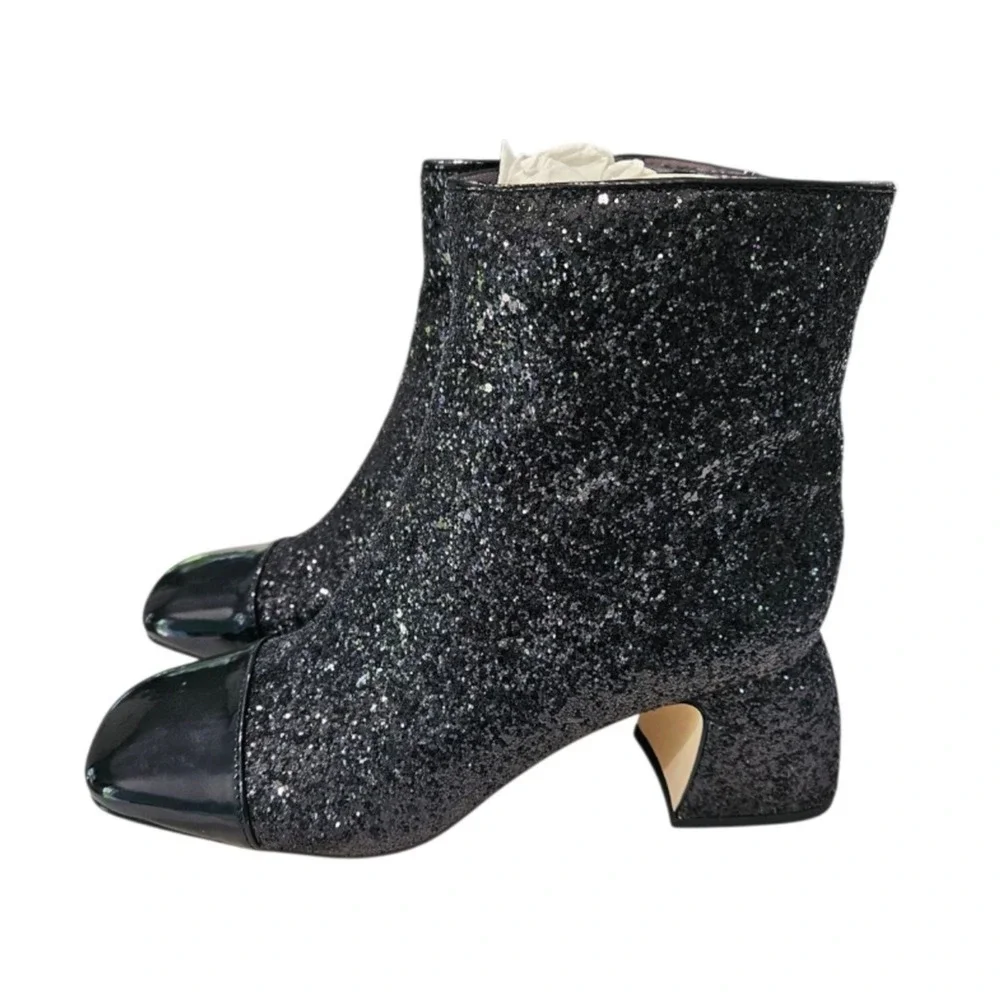 Black Glitter Ankle Boots Square Toe Block Heel Evening Party‎ Sparkle Size 8M